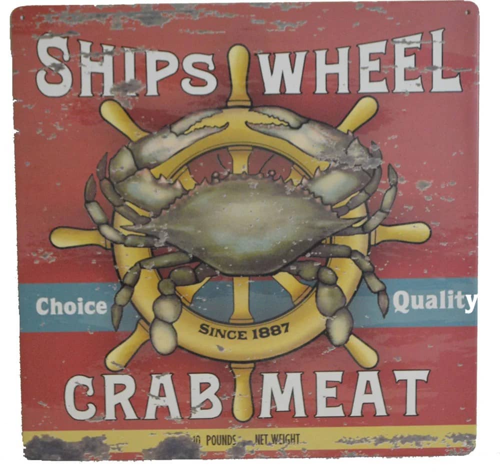 12"h Ships Wheel Crab Meat Tin Sign