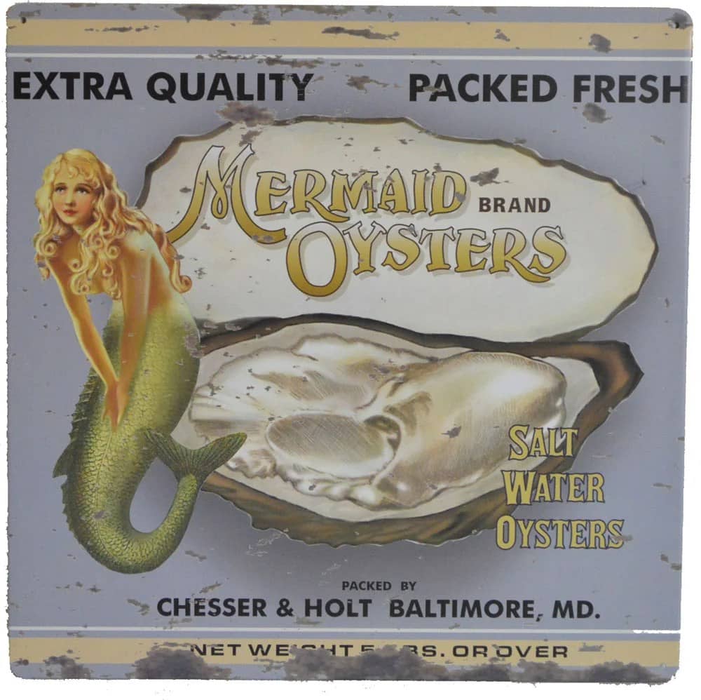 12"H Mermaid Oysters Brand Tin Sign