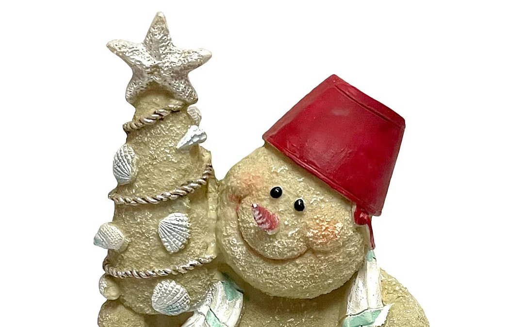 Sandy Beach Snowman with Christmas Tree Figurine