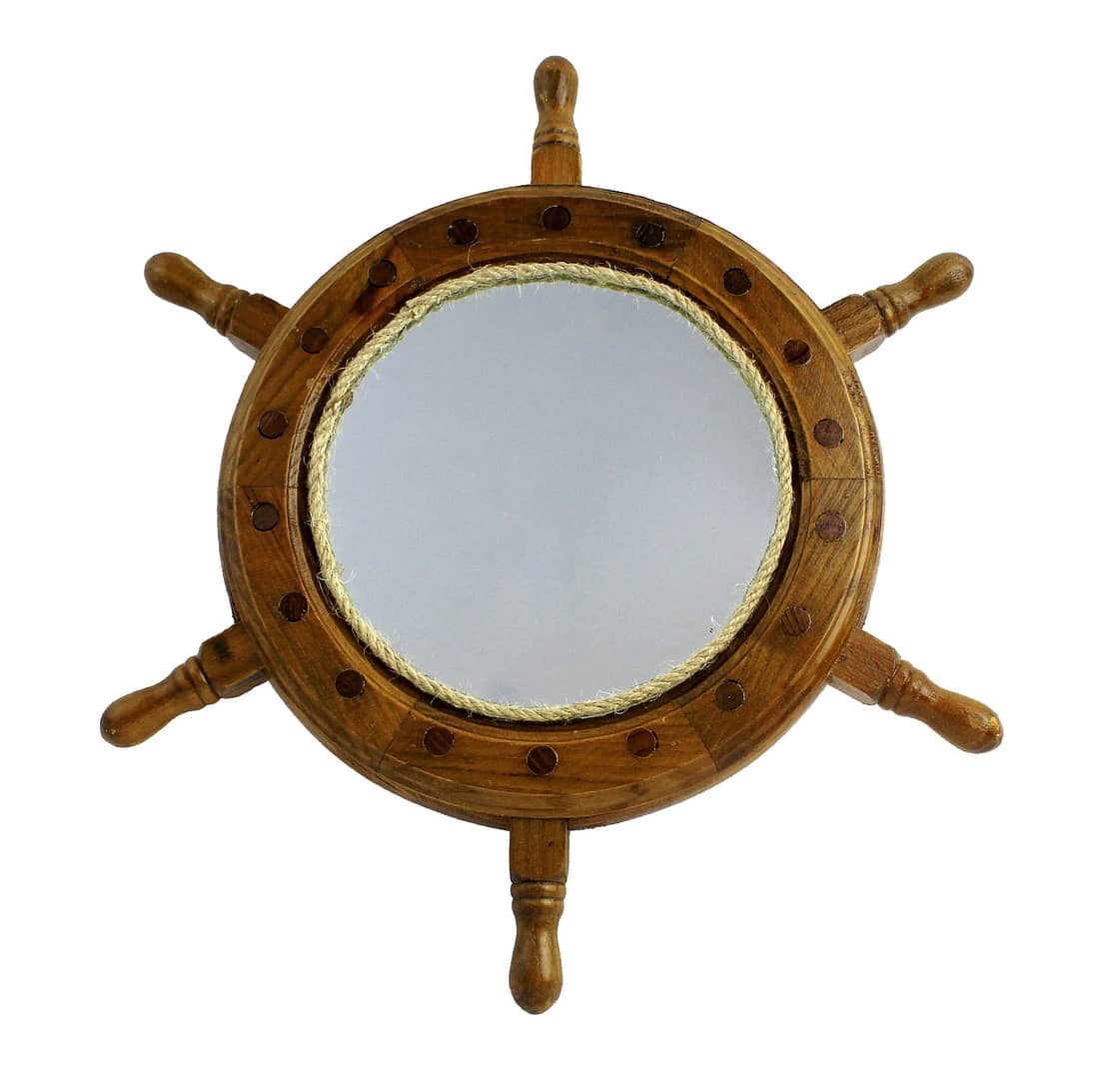 13"Dia Wooden Ship Wheel Wall Mirror