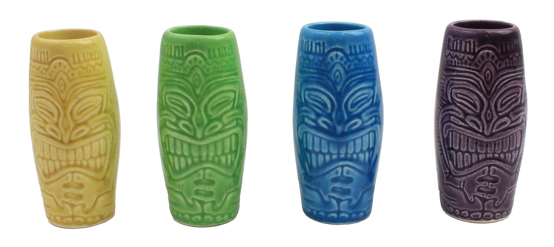 Pack of 4 Dinky Tiki Double Shot Mugs - Green, Yellow, Purple and Blue - 2 oz each