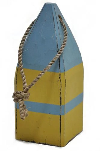 7.5"H Sky Blue & Yellow Wooden Square Buoy with Rope Decor