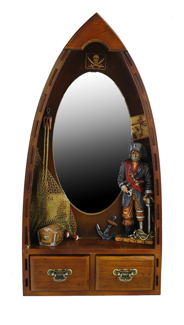 26"H Wooden Nautical Boat Wall Mirror with Pirate Captain