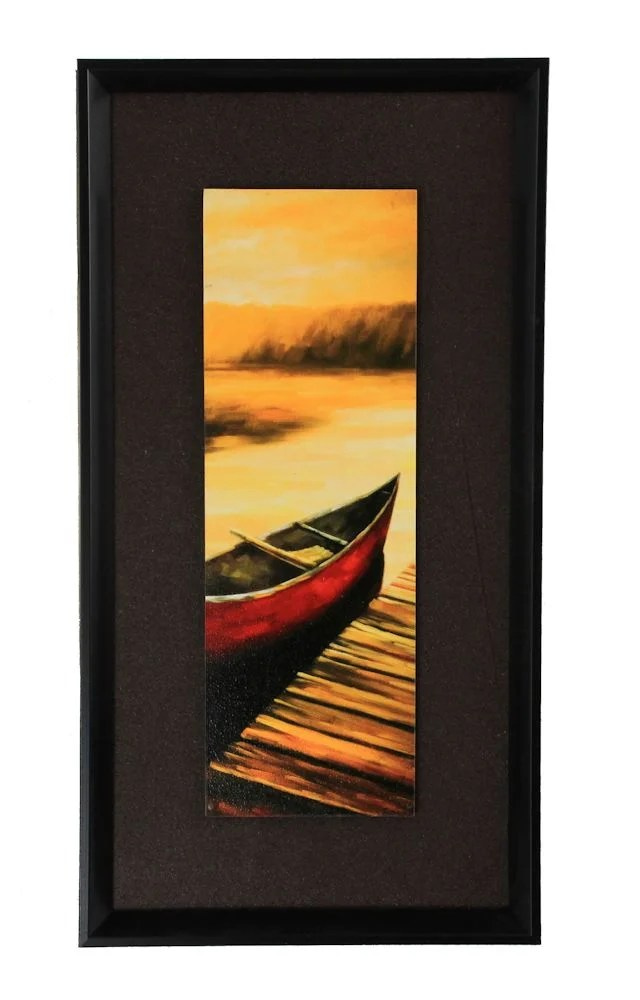 15.75" Red Canoe Pier Scene Painting - Framed and Matted