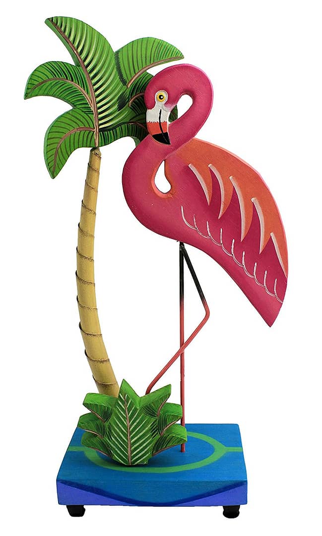21"H Metal Pink Flamingo with Palm Tree on Stand