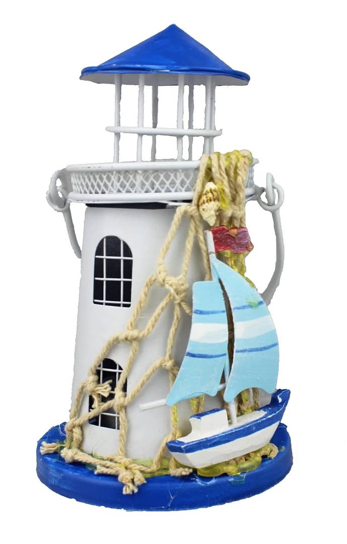Tin Lighthouse Candle Holder with Sailboat 5.5”H