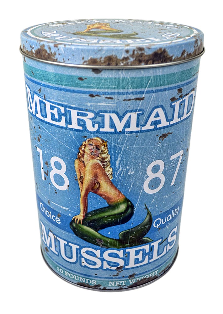 Mermaid Brand Mussels Tin Cylinder 5.5”Dia