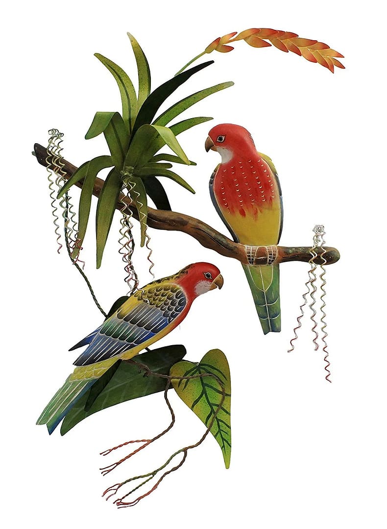 28"H Metal Pair of Rosellas Birds with Bromeliads Plant Wall Art